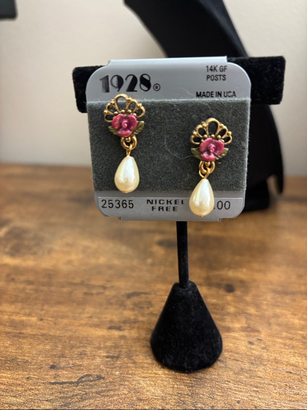 1928 Gold-Tone Pink Flower Pearl Drop Earrings